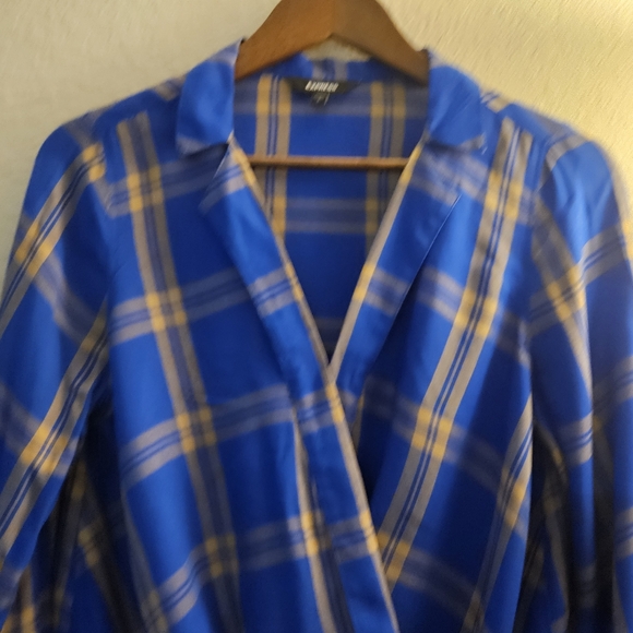 Express Wrap Front Blouse Womens Size SP Blue Yellow Plaid V-neck Flutter Sleeve - Picture 4 of 7